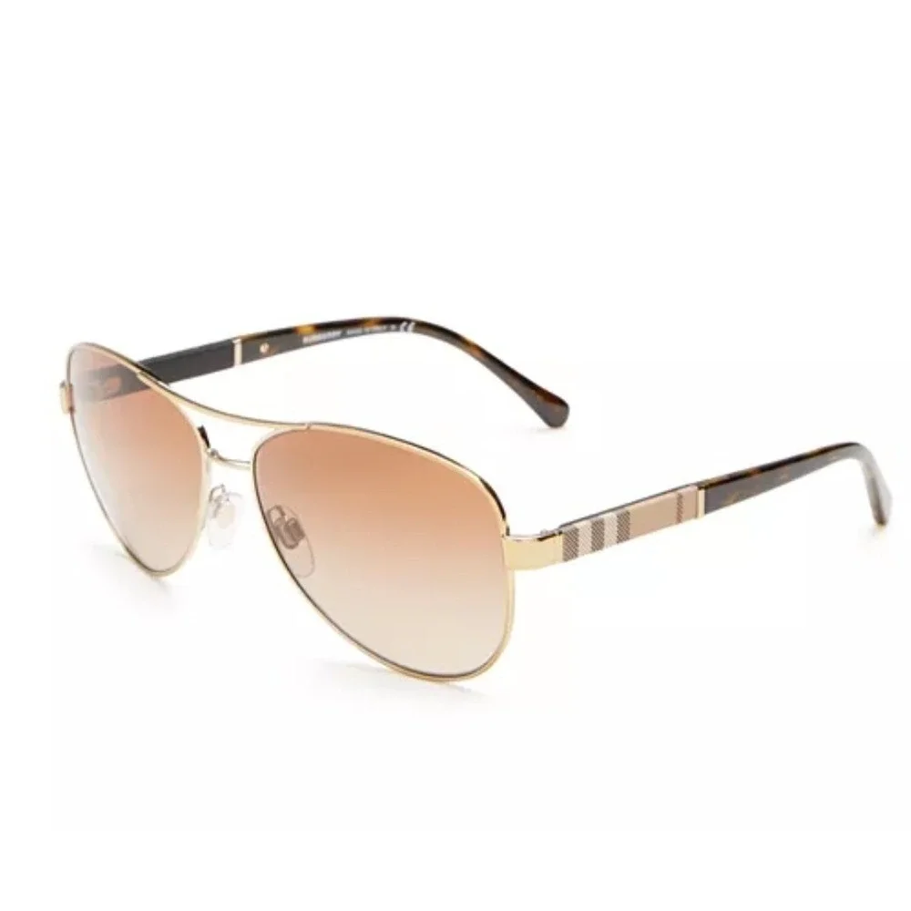 Burberry B 3080 Gold Check Aviator Sunglasses Brown Gradient Lens 59mm Italy‎